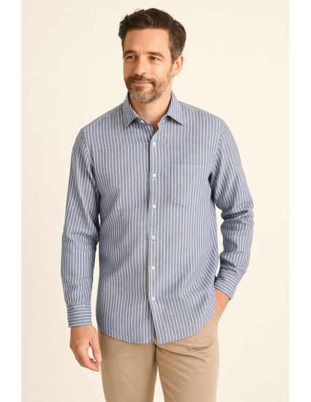 Tessuto lino cotone - Righe sottili - Blu jeans