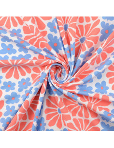 Tessuto jersey fantasia - Fiori anni sessanta rossi e blu