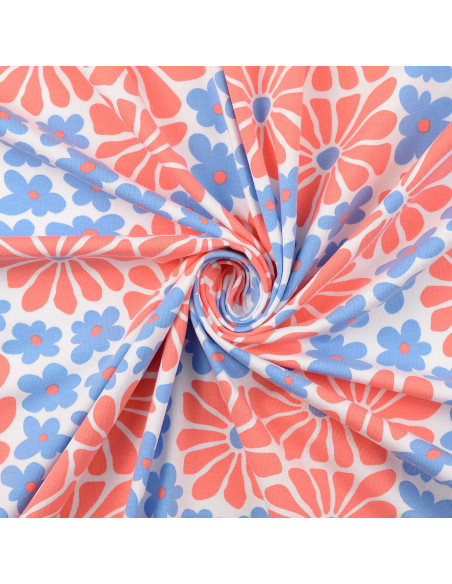 Tessuto jersey fantasia - Fiori anni sessanta rossi e blu