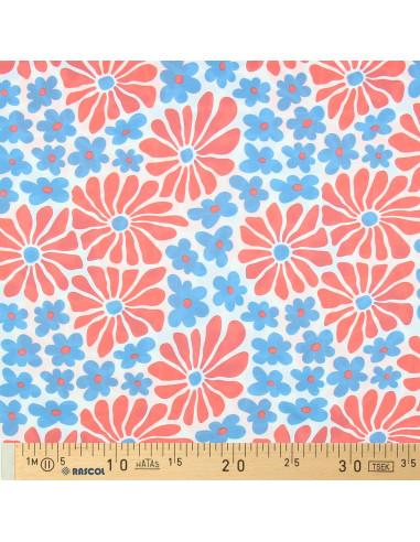 Tessuto jersey fantasia - Fiori anni sessanta rossi e blu