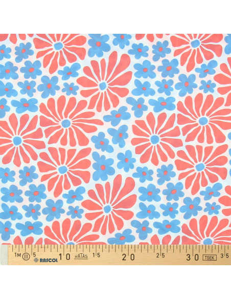 Tessuto jersey fantasia - Fiori anni sessanta rossi e blu