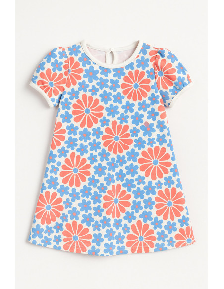 Tessuto jersey fantasia - Fiori anni sessanta rossi e blu