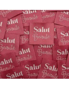 Set di 5 etichette tessute da cucire Ciao Bellezza rosa indiano