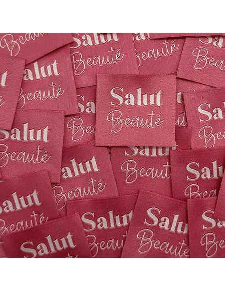 Set di 5 etichette tessute da cucire Ciao Bellezza rosa indiano