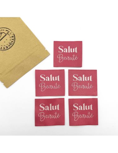 Set di 5 etichette tessute da cucire Ciao Bellezza rosa indiano