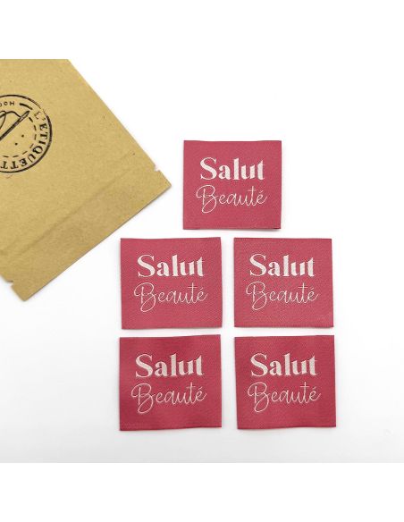 Set di 5 etichette tessute da cucire Ciao Bellezza rosa indiano
