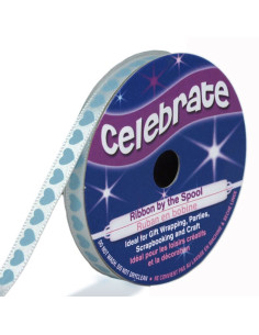 Nastro di raso Celebrate bianco con cuori stampati azzurri - 6 mm x 4 metri
