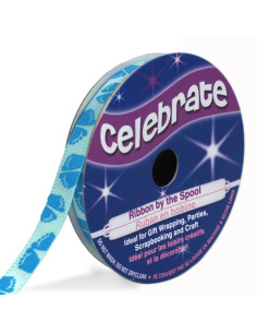 Nastro di raso Celebrate azzurro stampato con piedi blu - 6 mm x 4 metri