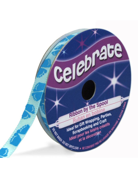 Nastro di raso Celebrate azzurro stampato con piedi blu - 6 mm x 4 metri