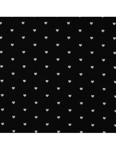 Tessuto popeline di cotone fantasia - Cuori bianchi su sfondo nero