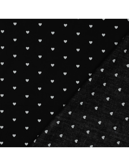 Tessuto popeline di cotone fantasia - Cuori bianchi su sfondo nero