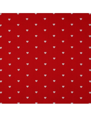 Tessuto popeline di cotone fantasia - Cuori bianchi su sfondo rosso