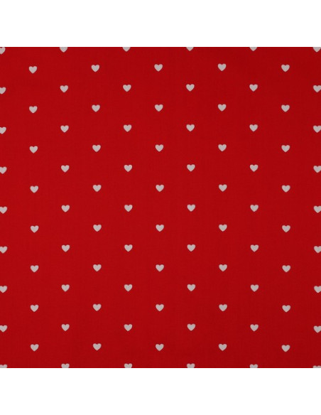 Tessuto popeline di cotone fantasia - Cuori bianchi su sfondo rosso