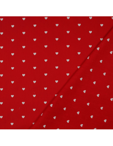 Tessuto popeline di cotone fantasia - Cuori bianchi su sfondo rosso