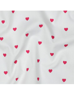 Tessuto popeline di cotone fantasia - Cuore fucsia su sfondo bianco
