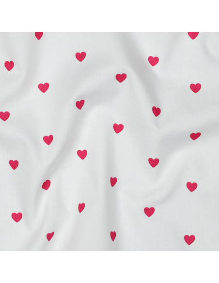 Tessuto popeline di cotone fantasia - Cuore fucsia su sfondo bianco