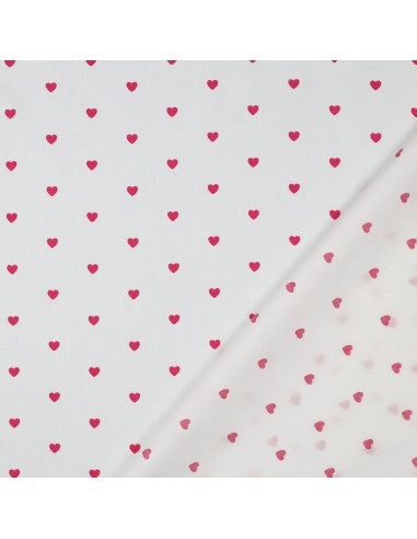 Tessuto popeline di cotone fantasia - Cuori fucsia su sfondo bianco