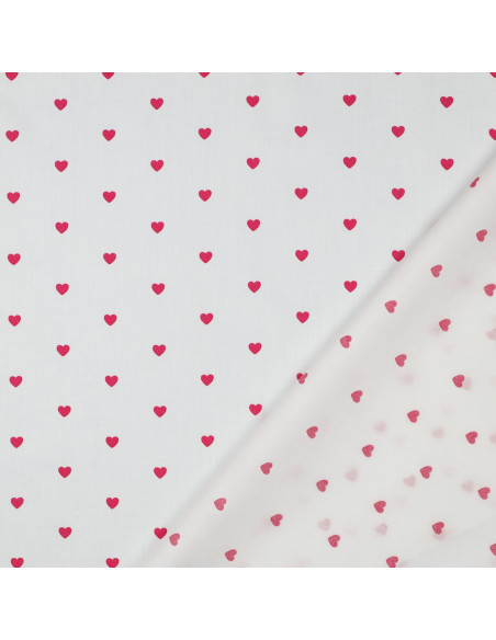 Tessuto popeline di cotone fantasia - Cuori fucsia su sfondo bianco