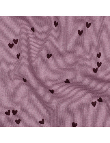 Tessuto jersey di cotone a maglia a coste - Cuori malva