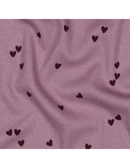 Tessuto jersey di cotone a maglia a coste - Cuori malva