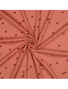 Tessuto jersey di cotone a maglia a coste - Cuori corallo