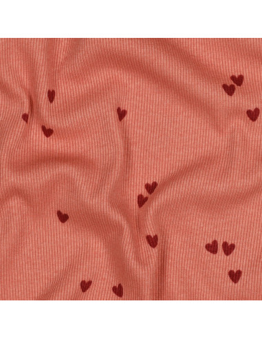 Tessuto jersey di cotone a maglia a coste - Cuori corallo