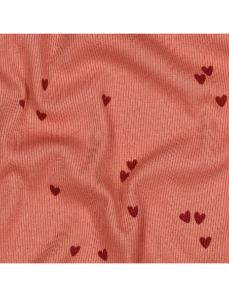 Tessuto jersey di cotone a maglia a coste - Cuori corallo