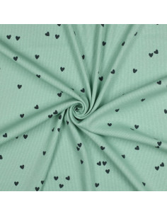 Tessuto jersey di cotone a maglia a coste - Cuori salvia