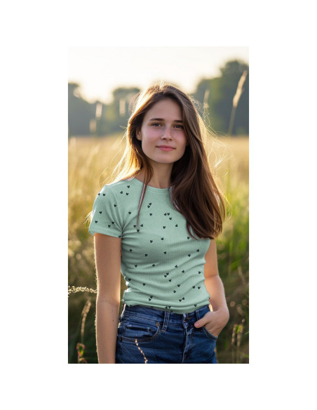 Tessuto jersey di cotone a maglia a coste - Cuori salvia