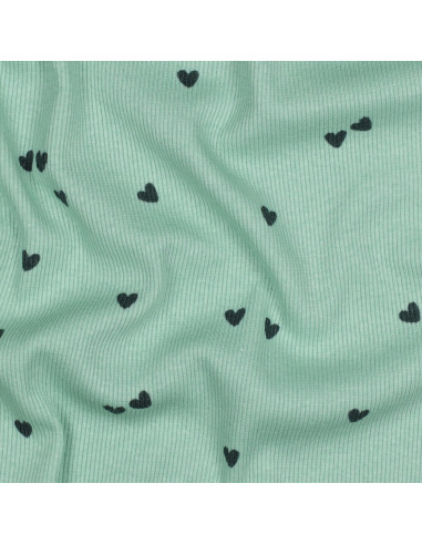 Tessuto jersey di cotone a maglia a coste - Cuori salvia