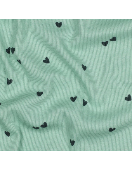Tessuto jersey di cotone a maglia a coste - Cuori salvia