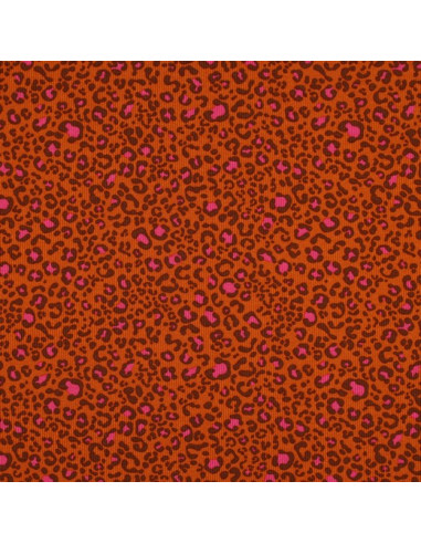 Tessuto jersey di cotone a maglia a coste - Leopardo arancione