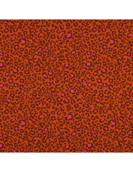 Tessuto jersey di cotone a maglia a coste - Leopardo arancione