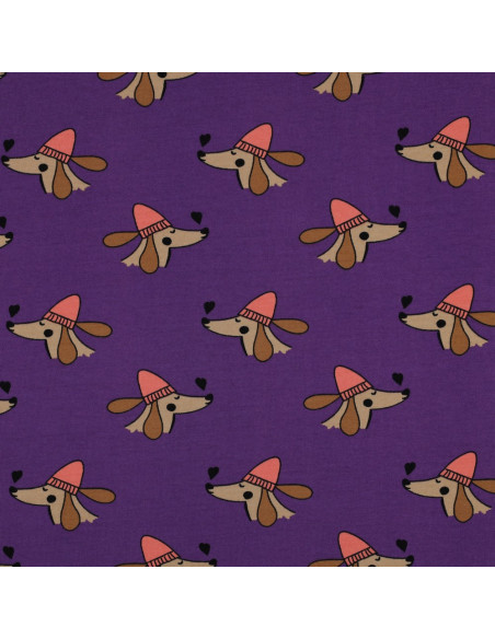 Tessuto felpato cane e cuori - Viola