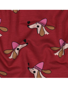 Tessuto felpato cane e cuori - Rosso