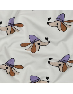 Tessuto felpato cane e cuori - Bianco sporco