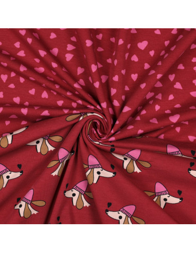 Tessuto felpato rosso - Cuori rosa