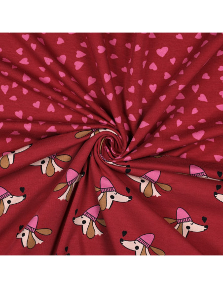 Tessuto felpato rosso - Cuori rosa