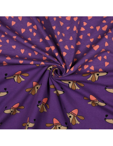 Tessuto felpato viola - Cuori corallo