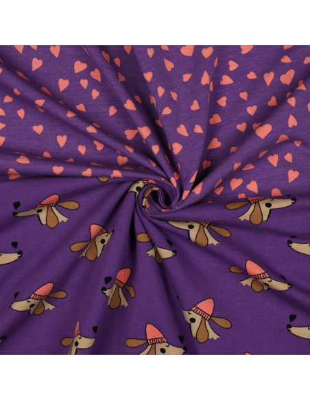 Tessuto felpato viola - Cuori corallo