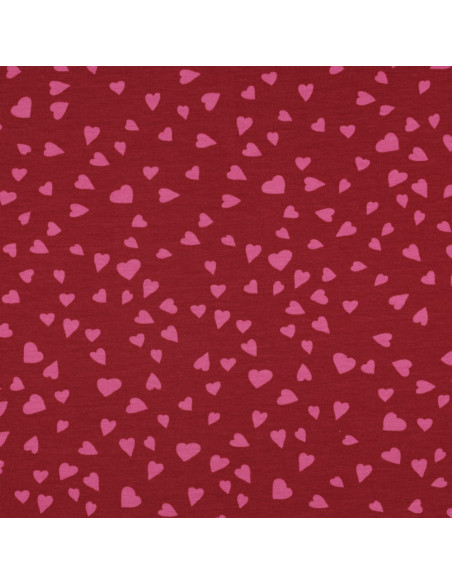 Tessuto felpato rosso - Cuori rosa