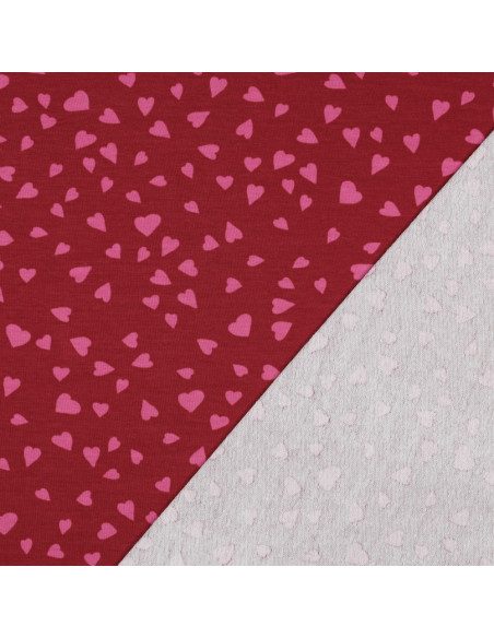 Tessuto felpato rosso - Cuori rosa