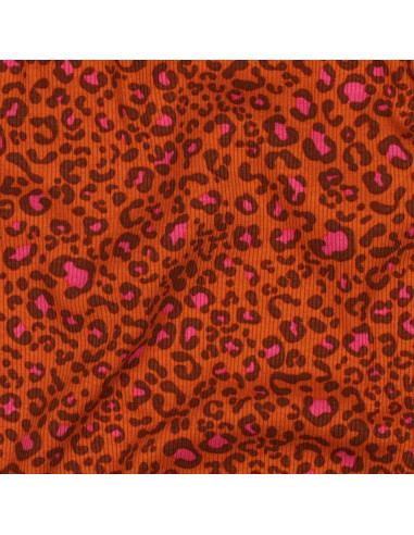 Tessuto jersey di cotone a maglia a coste - Leopardo arancione