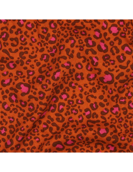 Tessuto jersey di cotone a maglia a coste - Leopardo arancione