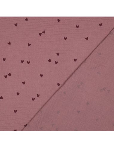 Tessuto doppia garza stampato - Cuori rosa su sfondo rosa antico scuro
