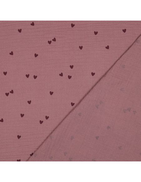 Tessuto doppia garza stampato - Cuori rosa su sfondo rosa antico scuro
