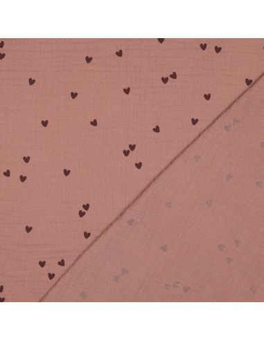 Tessuto doppia garza stampato - Cuore mocha su sfondo marrone