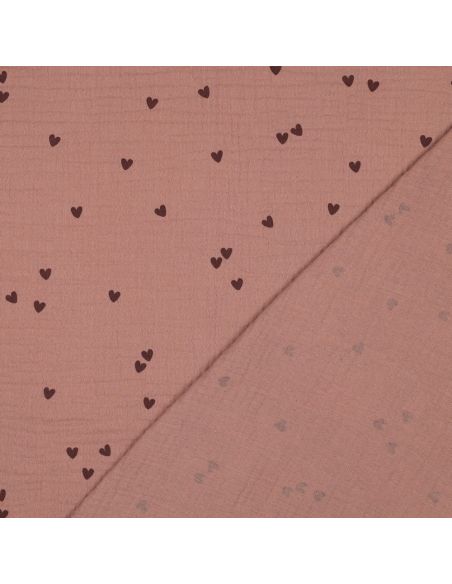 Tessuto doppia garza stampato - Cuore mocha su sfondo marrone