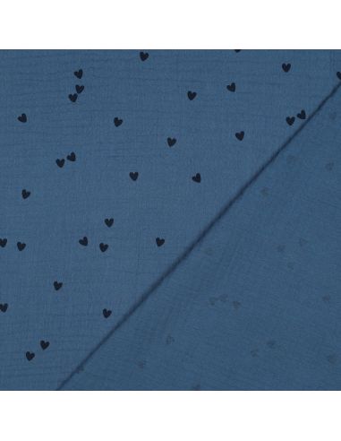 Tessuto doppia garza stampato - Cuore nero su sfondo blu