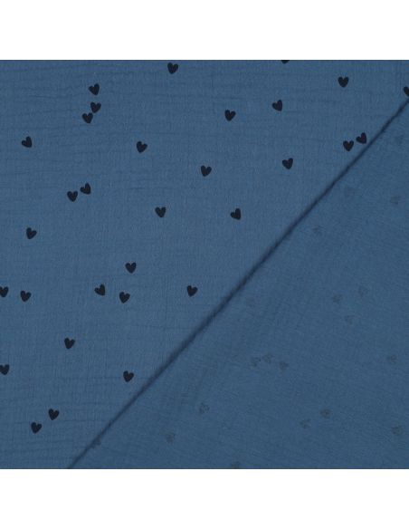 Tessuto doppia garza stampato - Cuore nero su sfondo blu